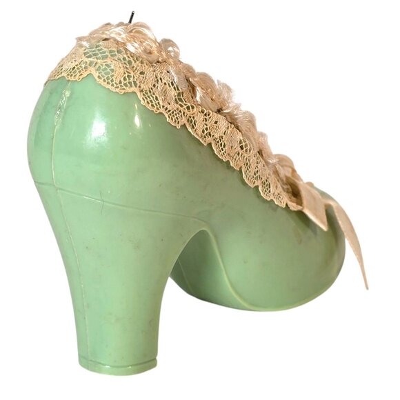 VTG High Heel Shoe Pincushion Green Plastic Lace Bow Sewing Collectible 50s 60s - Picture 5 of 8